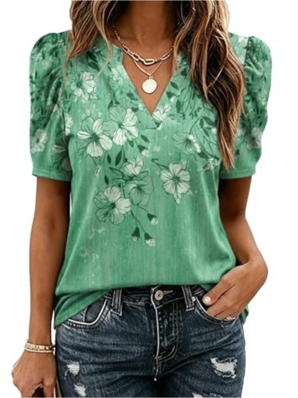 Puff Short Sleeve V Neck Blouse Floral Boho Curved Hem Dressy Casual Top
